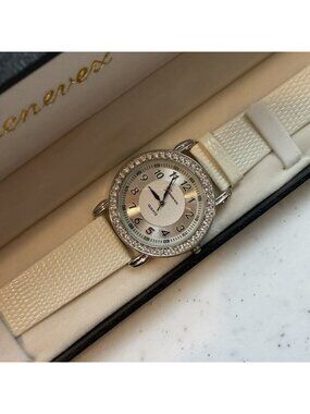 GENEVEX Cubic Zirconia Case MOP Dial ~ White Leather Women’s Watch NWT